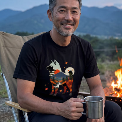 【Akita】日本犬好き＆アウトドア愛好者必見！秋田犬風景白Tシャツ