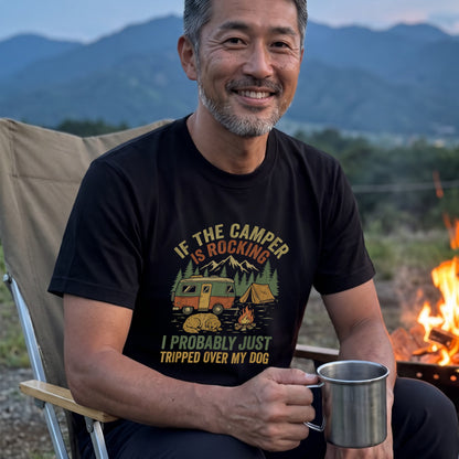 【If The Camper Is Rocking】キャンピングカー＆愛犬イラスト ヴィンテージ黒Tシャツ | CAMPMODE