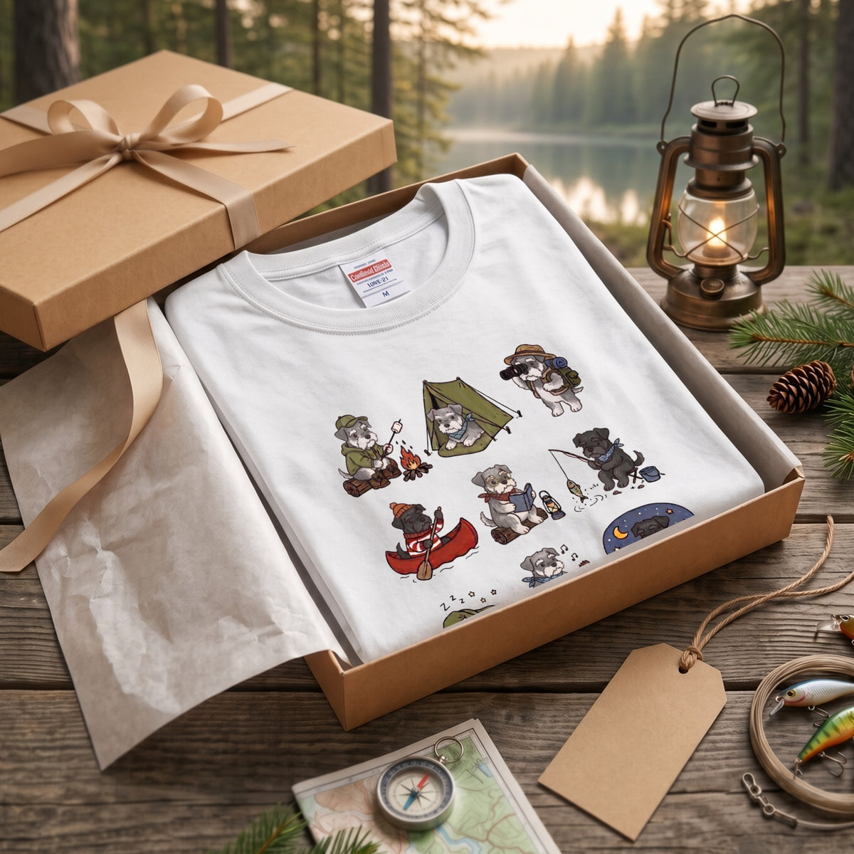 SCHNAUZER CAMP | 手描き風 シュナウザー キャンプギア かわいい グラフィック 長袖Tシャツ【犬雑貨・秋キャンプ・ルームウェア・ギフトに最適】