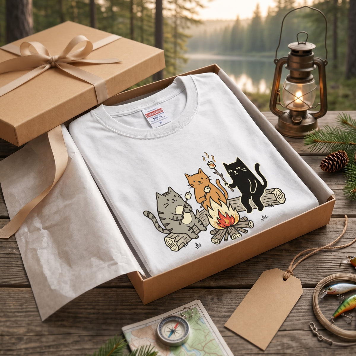 猫たちの焚き火マシュマロ 長袖Tシャツ