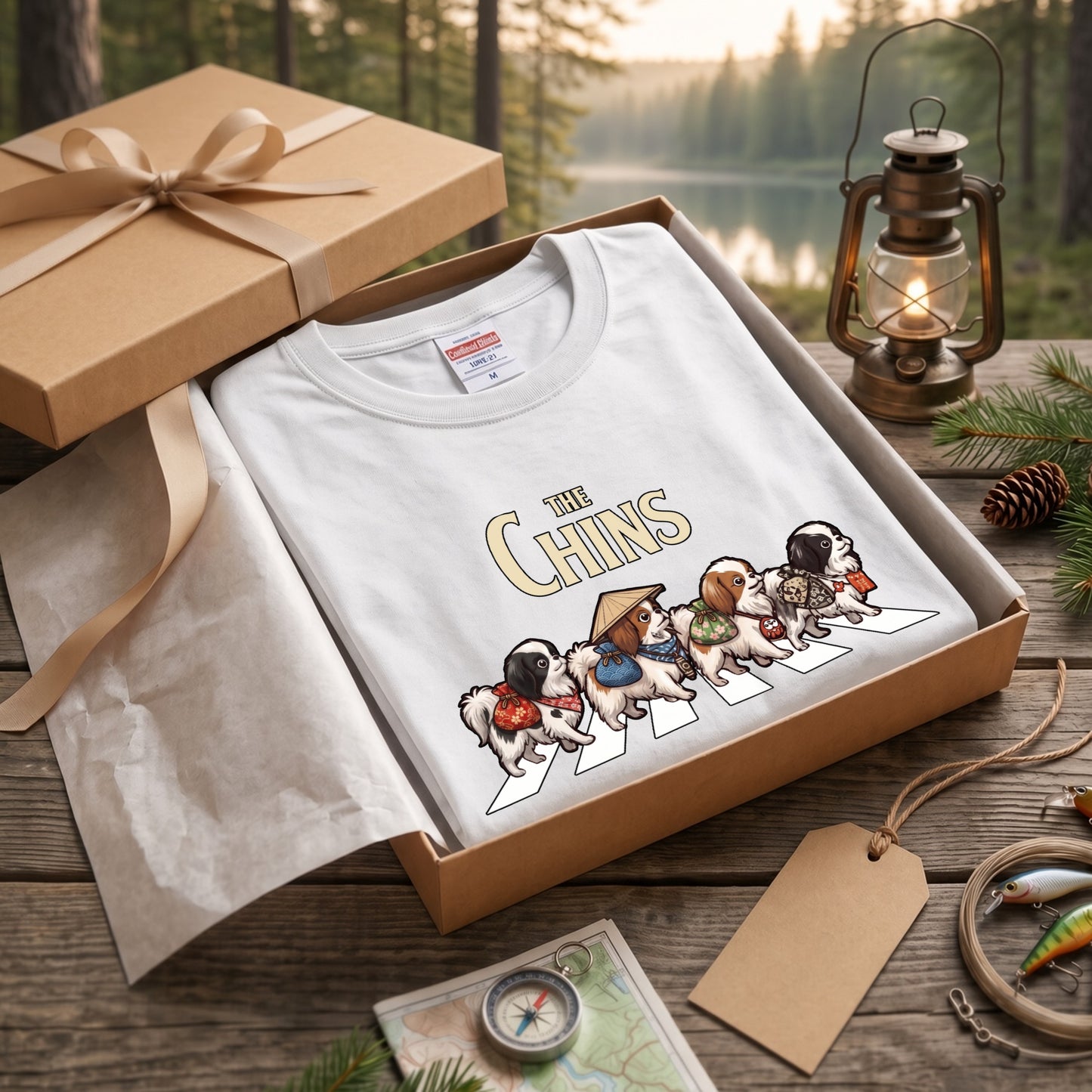 THE CHINS 狆（ちん）散歩デザイン ブラック長袖Tシャツ