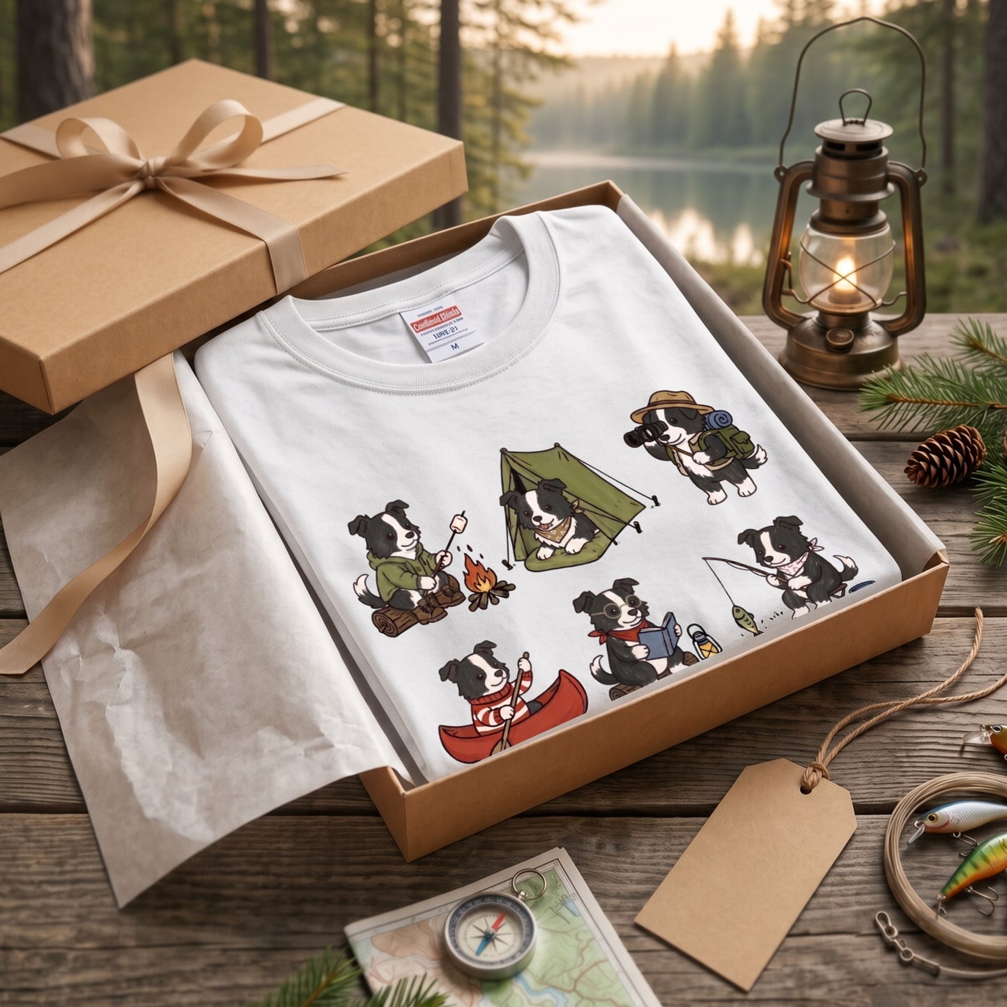 BORDER COLLIE CAMP | 手描き風 ボーダーコリー キャンプギア かわいい グラフィック 長袖Tシャツ【犬雑貨・秋キャンプ・ルームウェア・ギフトに最適】