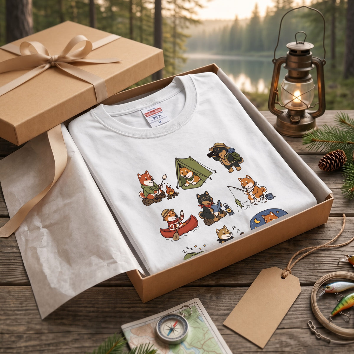 SHIBA CAMP | 手描き風 柴犬 キャンプギア かわいい グラフィック 長袖Tシャツ【和犬雑貨・秋キャンプ・アウトドア・ギフトに最適】