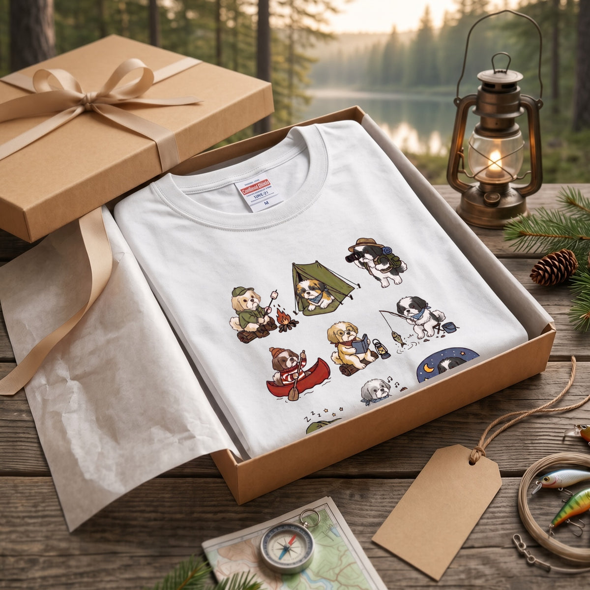 SHIH TZU CAMP | 手描き風 シーズー キャンプギア かわいい グラフィック 長袖Tシャツ【犬雑貨・秋キャンプ・ルームウェア・ギフトに最適】