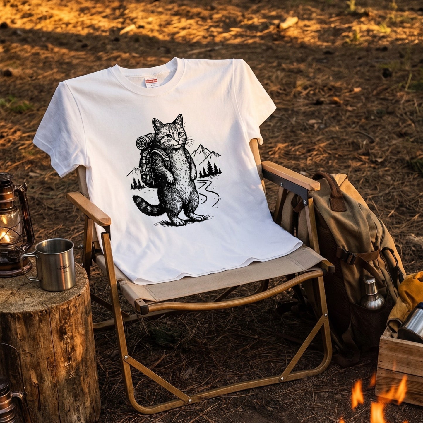 ハイキング猫 Tシャツ ｜ 猫好き・キャンプ・アウトドア・登山・レトロに人気