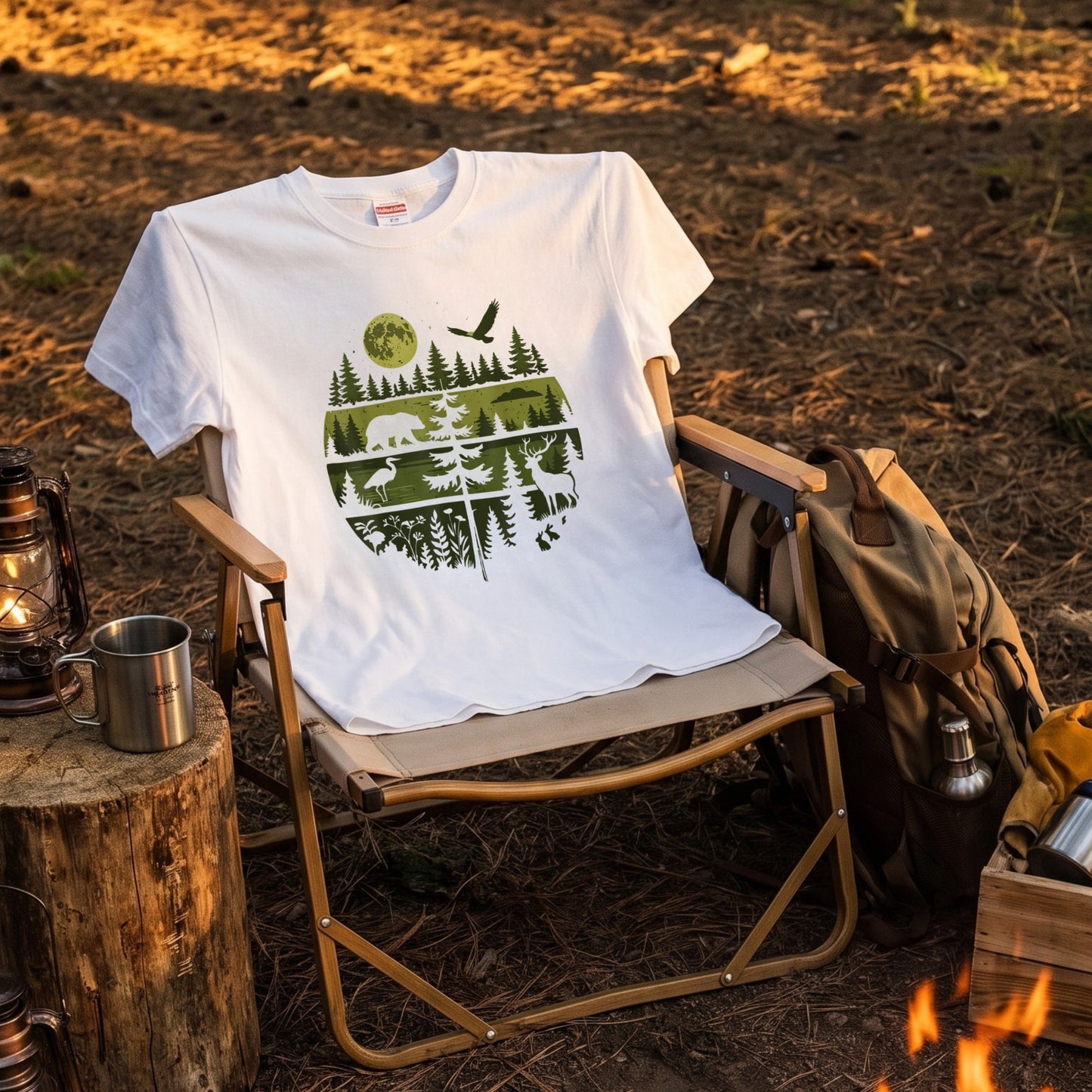 【Wildlife Forest Animals】月夜の森と野生動物 アート層グラフィック 白Tシャツ | CAMPMODE