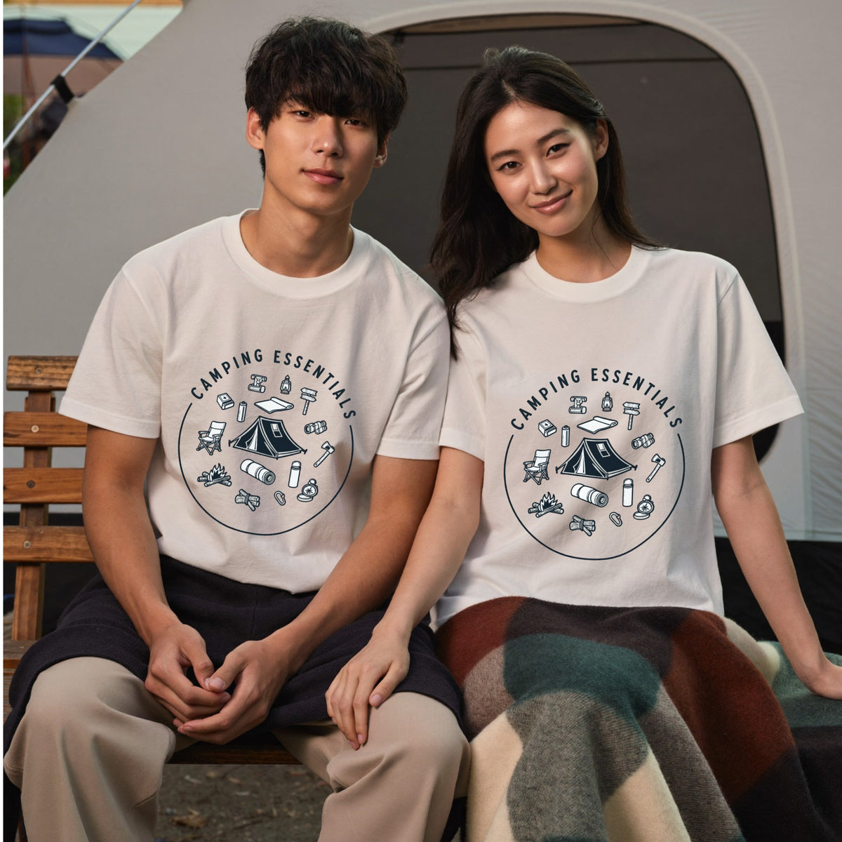 「キャンプ必需品：焚き火とテント — キャンプ愛好家のTシャツ」