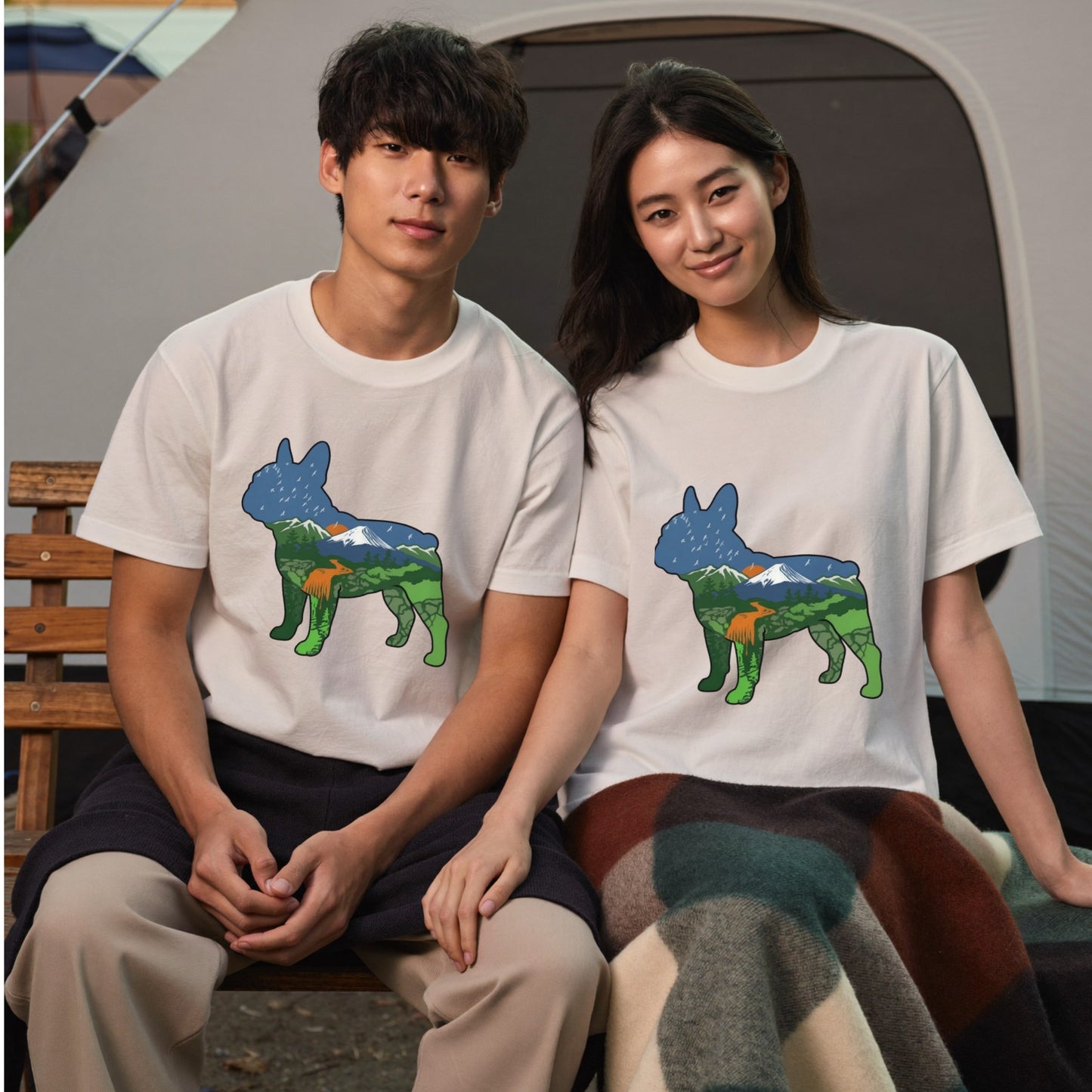【French Bulldog】自然風景ダブルエスポージャー黒Tシャツ | CAMPMODE