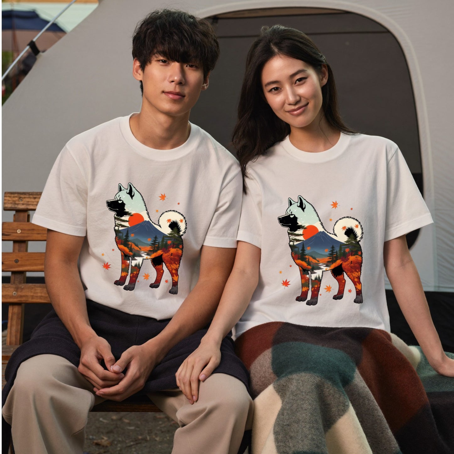 【Akita】日本犬好き＆アウトドア愛好者必見！秋田犬風景白Tシャツ