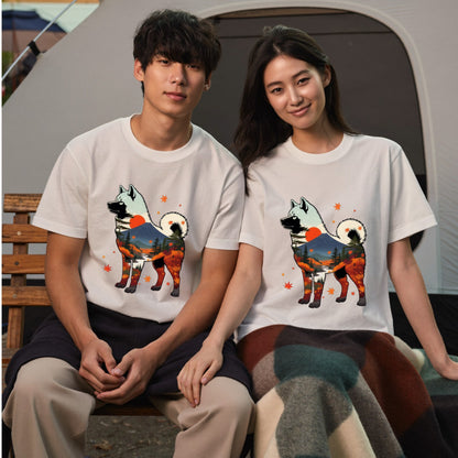 【Akita】日本犬好き＆アウトドア愛好者必見！秋田犬風景白Tシャツ