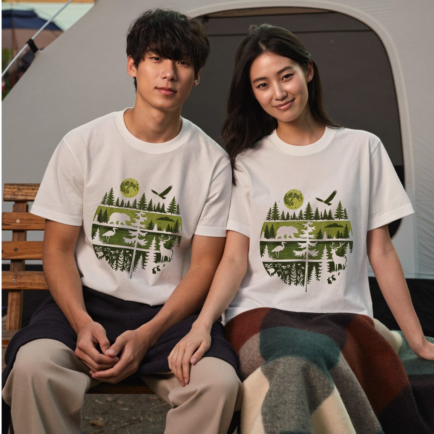 【Wildlife Forest Animals】月夜の森と野生動物 アート層グラフィック 白Tシャツ | CAMPMODE