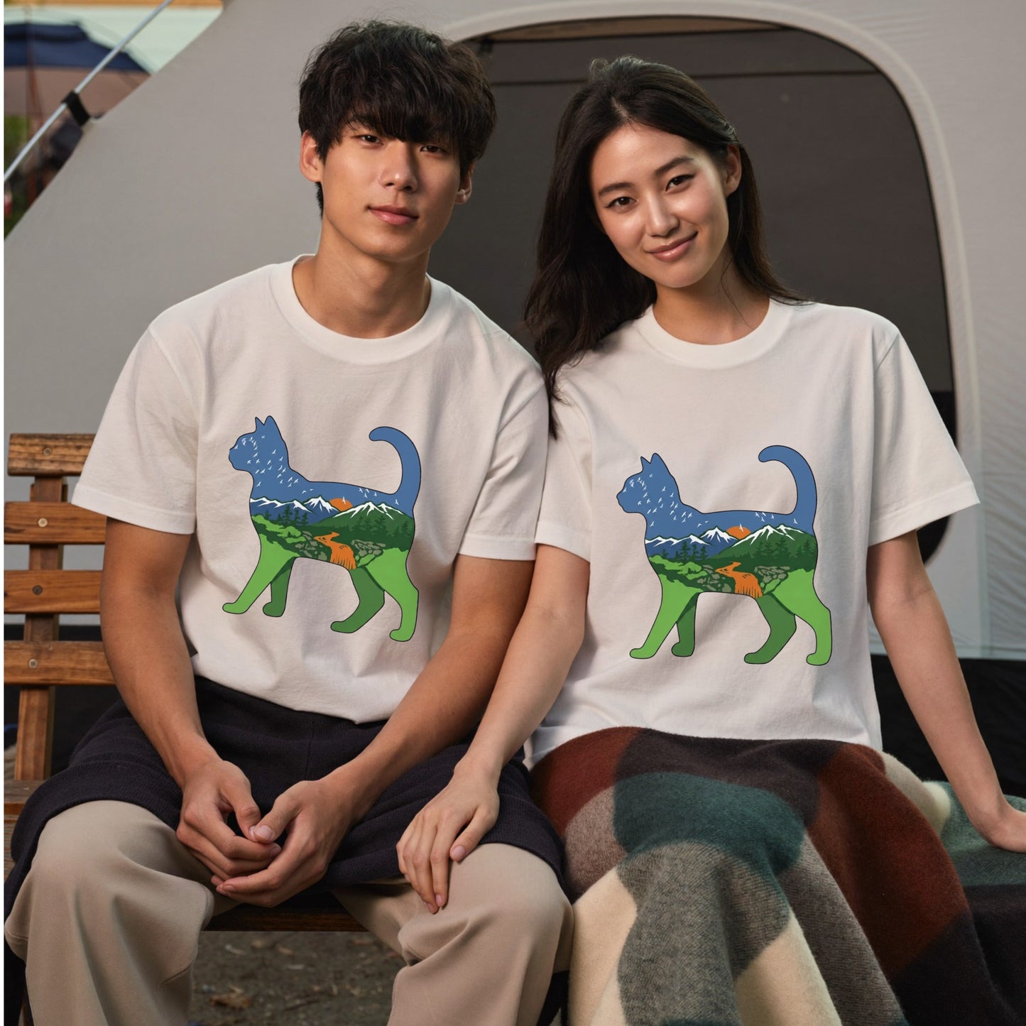 猫と自然風景ダブルエスポージャーTシャツ | CAMPMODE