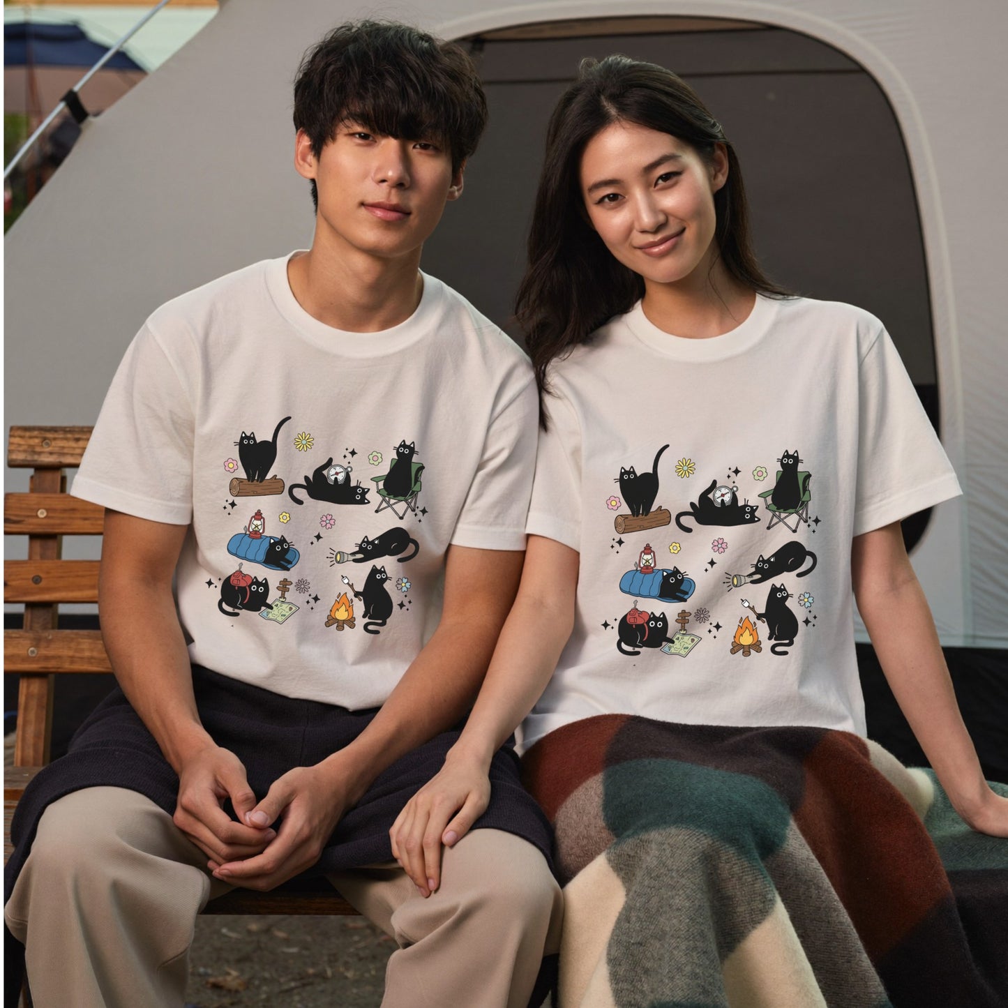 【黒猫ソロキャンプ】焚き火＆探検 猫イラスト かわいいアウトドア白Tシャツ | CAMPMODE