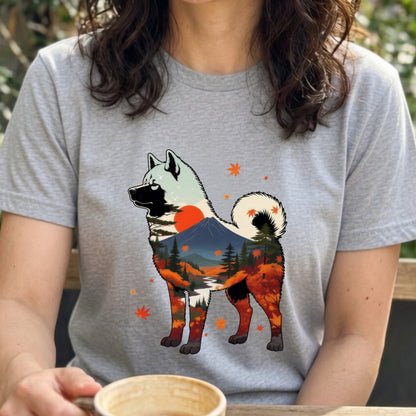 【Akita】日本犬好き＆アウトドア愛好者必見！秋田犬風景白Tシャツ