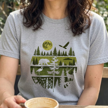 【Wildlife Forest Animals】月夜の森と野生動物 アート層グラフィック 白Tシャツ | CAMPMODE