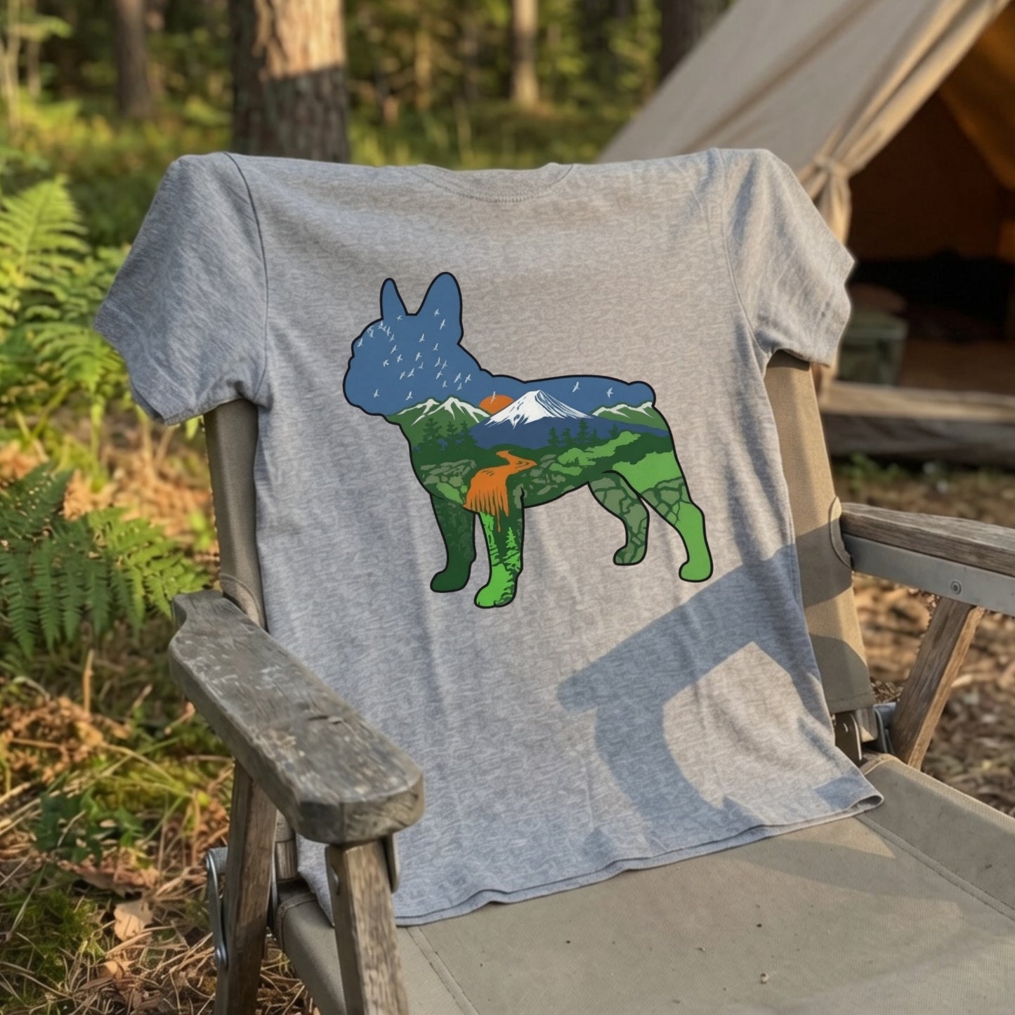 【French Bulldog】自然風景ダブルエスポージャー黒Tシャツ | CAMPMODE