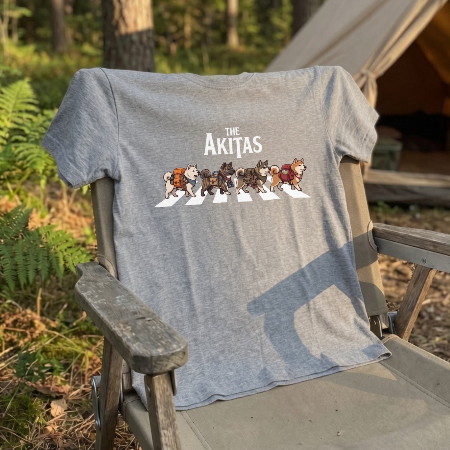 THE AKITAS | 横断歩道 ゆるかわ 秋田犬 キャンプ パロディTシャツ【犬好き・愛犬家・アウトドア・ギフトに最適】