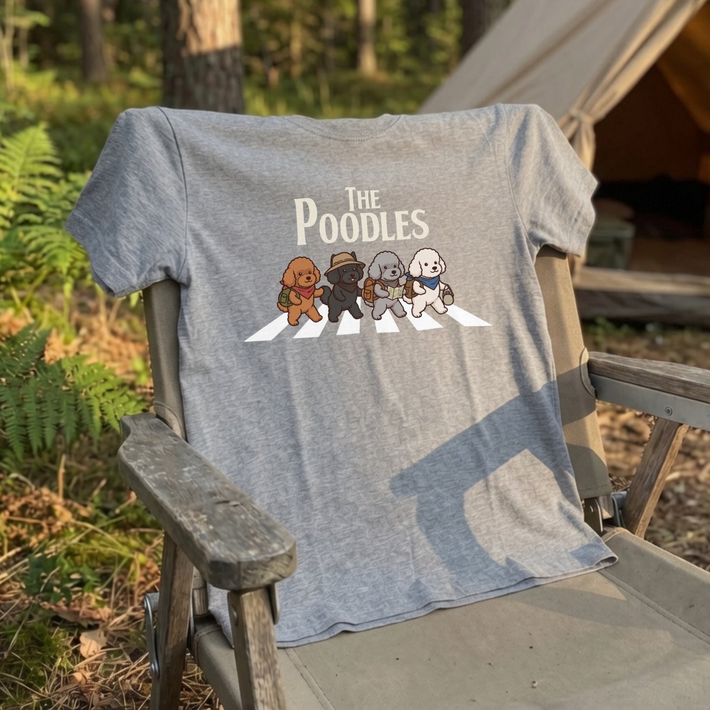 THE POODLES | 横断歩道 ゆるかわ プードル キャンプ パロディTシャツ【犬好き・愛犬家・アウトドア・ギフトに最適】