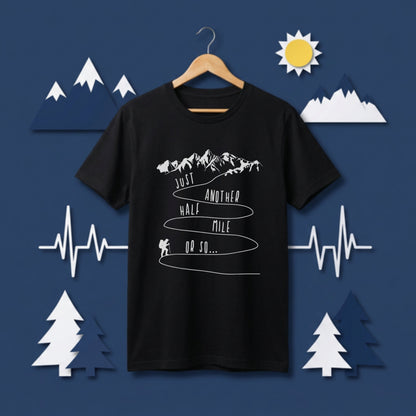 【Just Another Half Mile】あるある名言＆九十九折登山道 白線画 黒Tシャツ | CAMPMODE