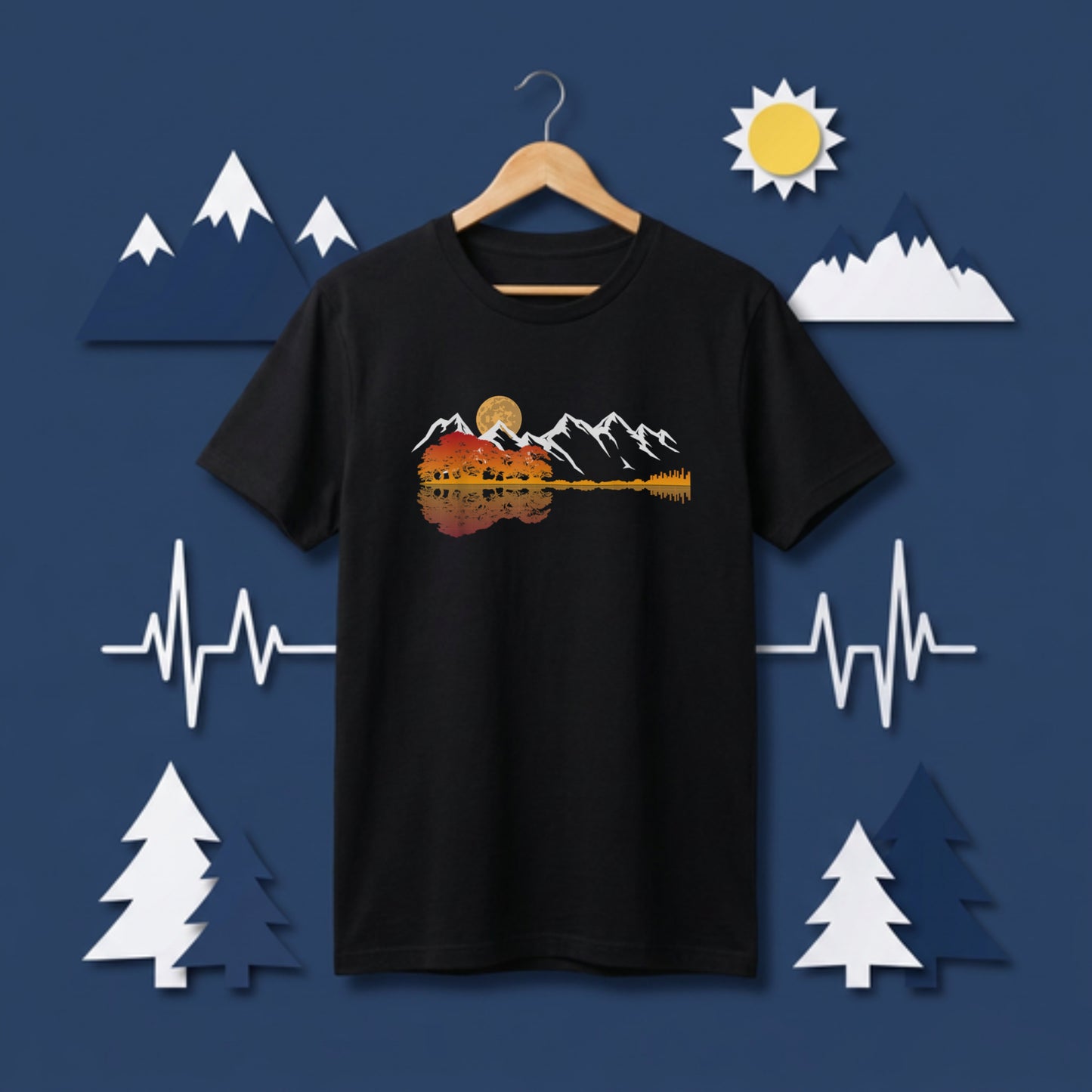 【ギター＆秋の紅葉・水面リフレクション】おしゃれキャンプ黒Tシャツ | CAMPMODE