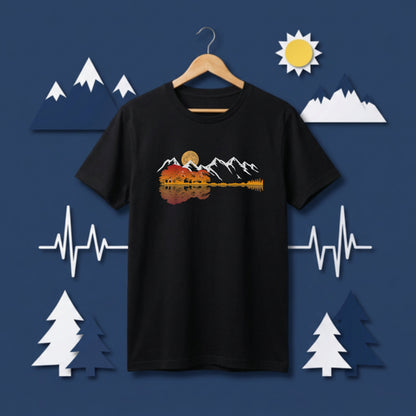【ギター＆秋の紅葉・水面リフレクション】おしゃれキャンプ黒Tシャツ | CAMPMODE