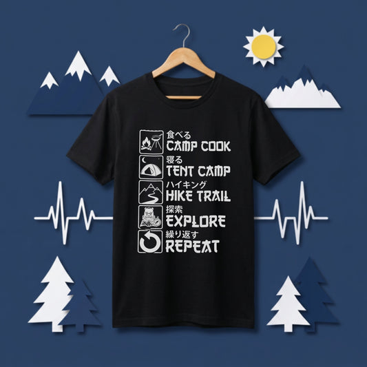 【キャンプのルーティン】ライフサイクル アウトドア黒Tシャツ | CAMPMODE