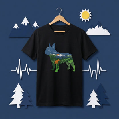 【French Bulldog】自然風景ダブルエスポージャー黒Tシャツ | CAMPMODE