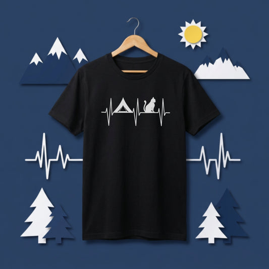 【心電図×テント×猫】キャンプ＆ネコ好き ハートビートグラフィック黒Tシャツ | CAMPMODE