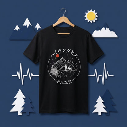 【ハイキングと犬 そんな日】山登り＆愛犬イラスト アウトドア手書き風グラフィック黒Tシャツ | CAMPMODE