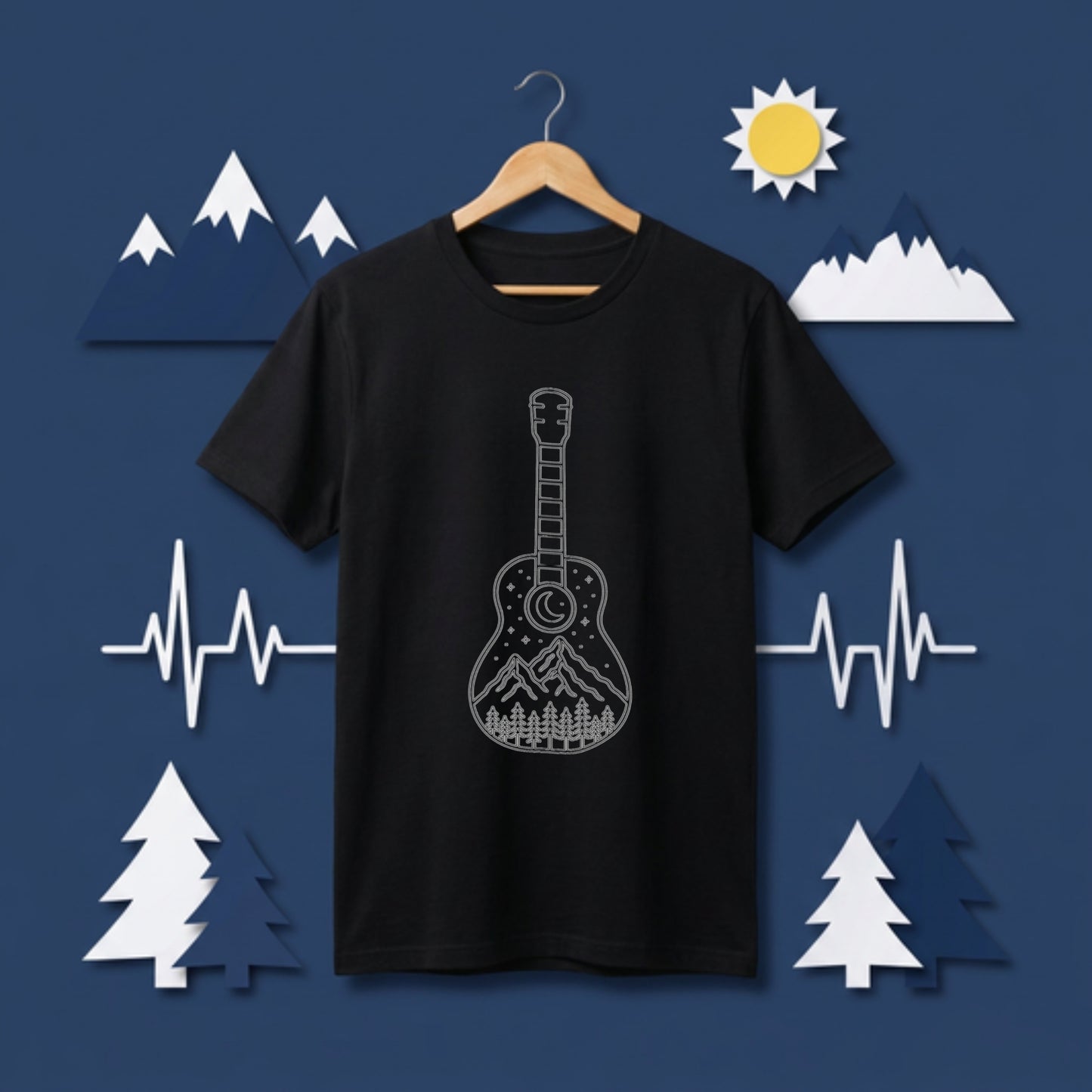 【ギター＆山・星空デザイン】おしゃれキャンプ黒Tシャツ | CAMPMODE