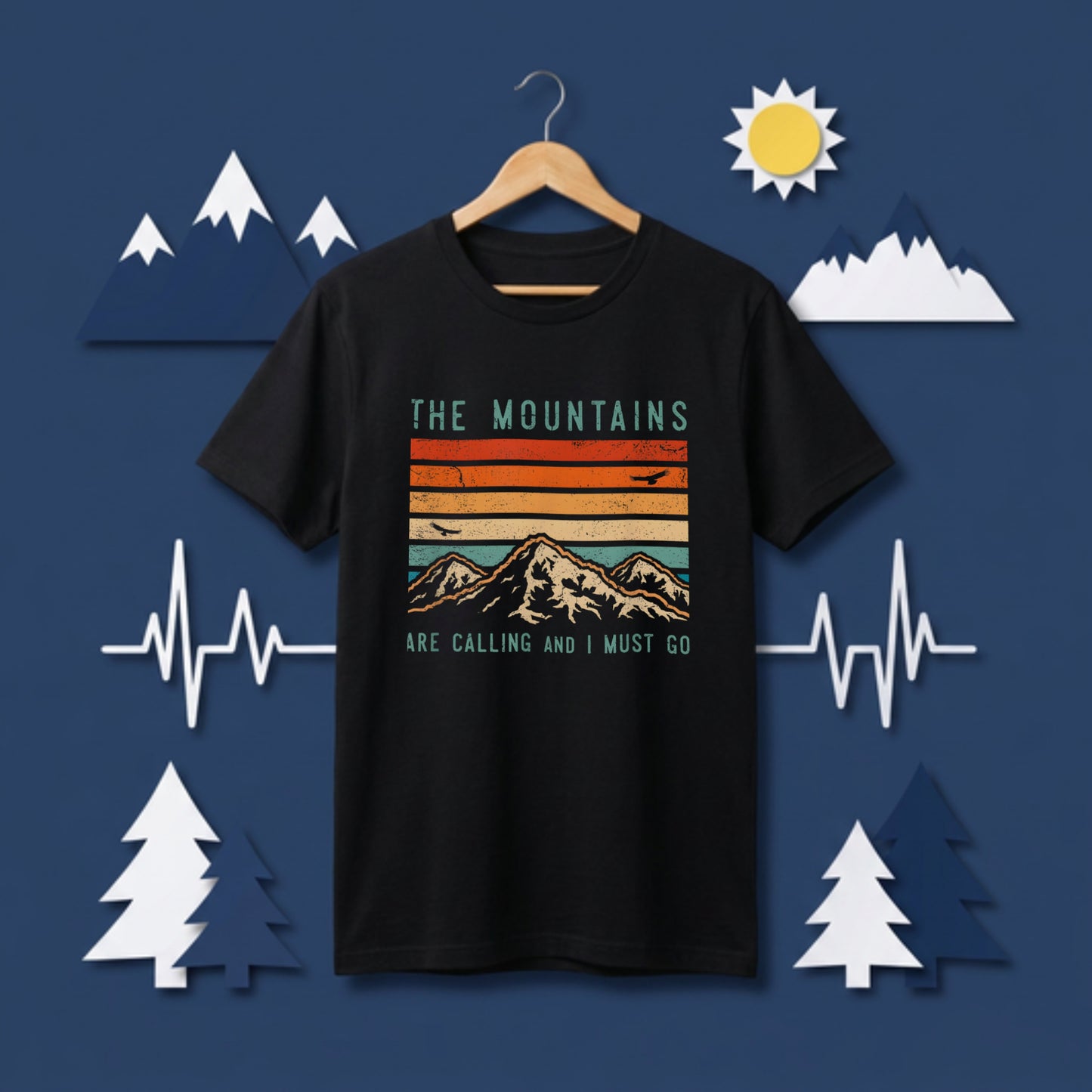 【The Mountains Are Calling】名言＆レトロ山脈ストライプ アメカジ黒Tシャツ | CAMPMODE