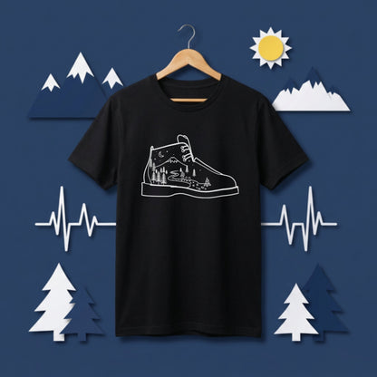 【登山靴・星空と山】ハイキング風景 黒Tシャツ | CAMPMODE