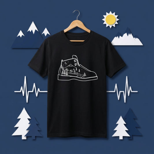 【登山靴・星空と山】ハイキング風景 黒Tシャツ | CAMPMODE