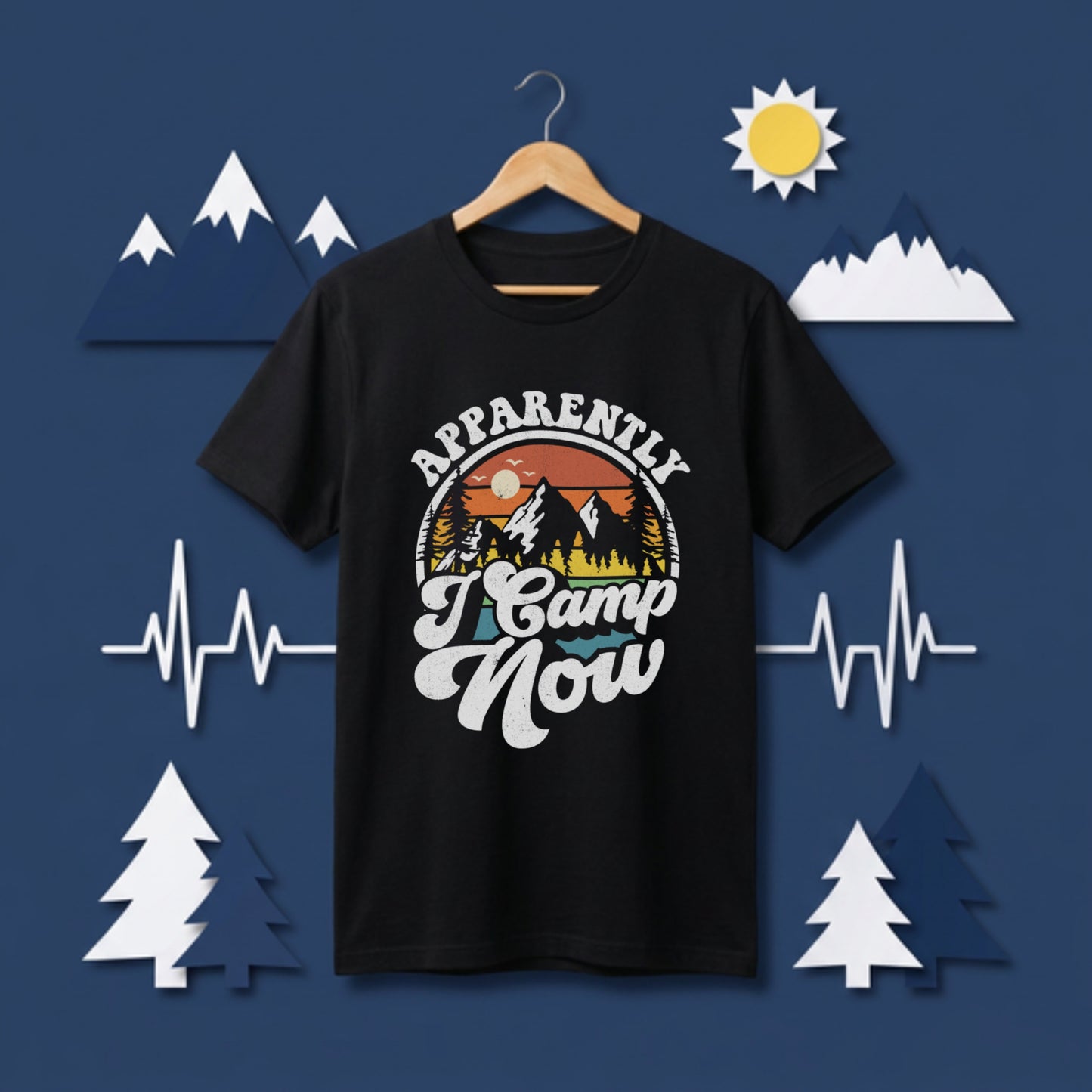 【Apparently I Camp Now】ヴィンテージサンセット 山脈アウトドア黒Tシャツ | CAMPMODE