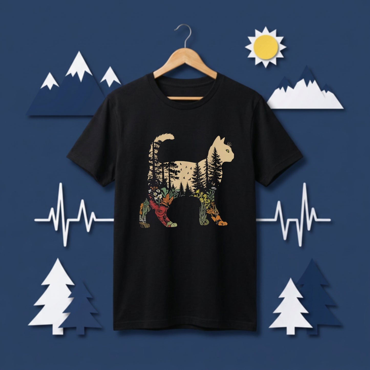 猫と森の植物 Tシャツ ｜ 猫好き・ボタニカル・自然・アウトドア・おしゃれに人気