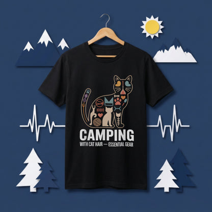 【猫の毛は必須ギア】CAMPING WITH CAT HAIR モザイク猫グラフィック黒Tシャツ | CAMPMODE