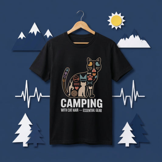 【猫の毛は必須ギア】CAMPING WITH CAT HAIR モザイク猫グラフィック黒Tシャツ | CAMPMODE