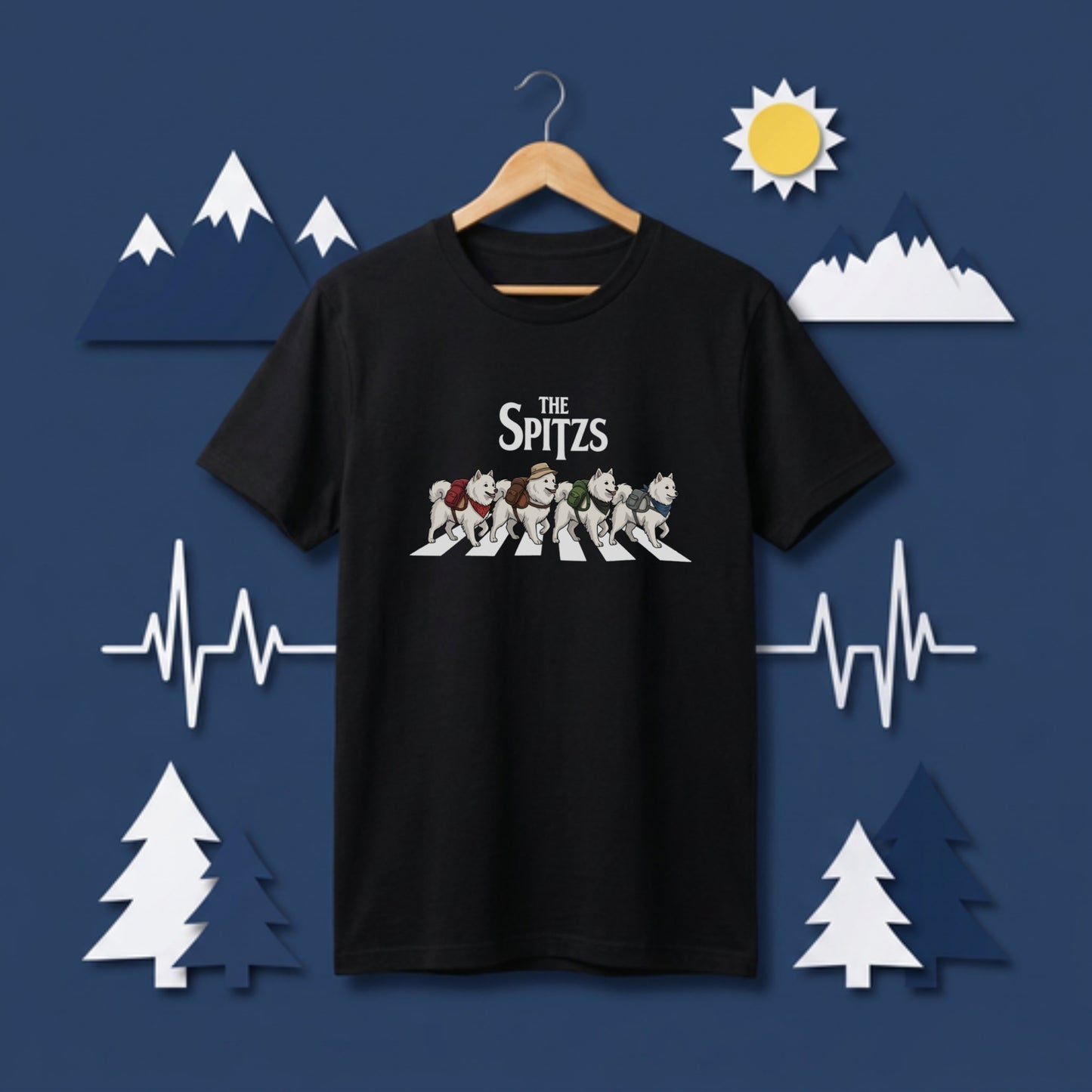 THE SPITZS | 横断歩道 ゆるかわ スピッツ キャンプ パロディTシャツ【犬好き・愛犬家・アウトドア・ギフトに最適】