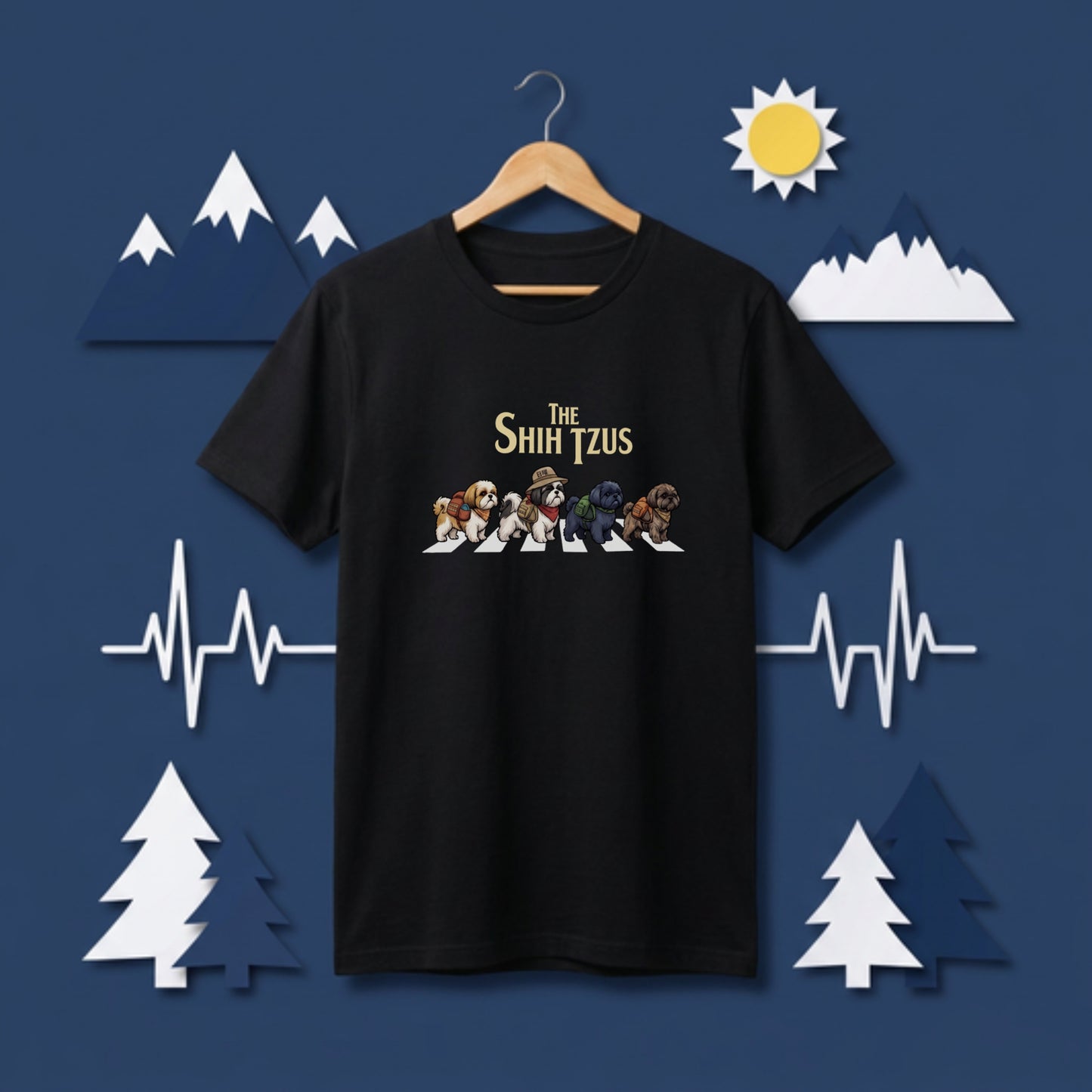 THE SHIH TZUS | 横断歩道 ゆるかわ プードル キャンプ パロディTシャツ【犬好き・愛犬家・アウトドア・ギフトに最適】