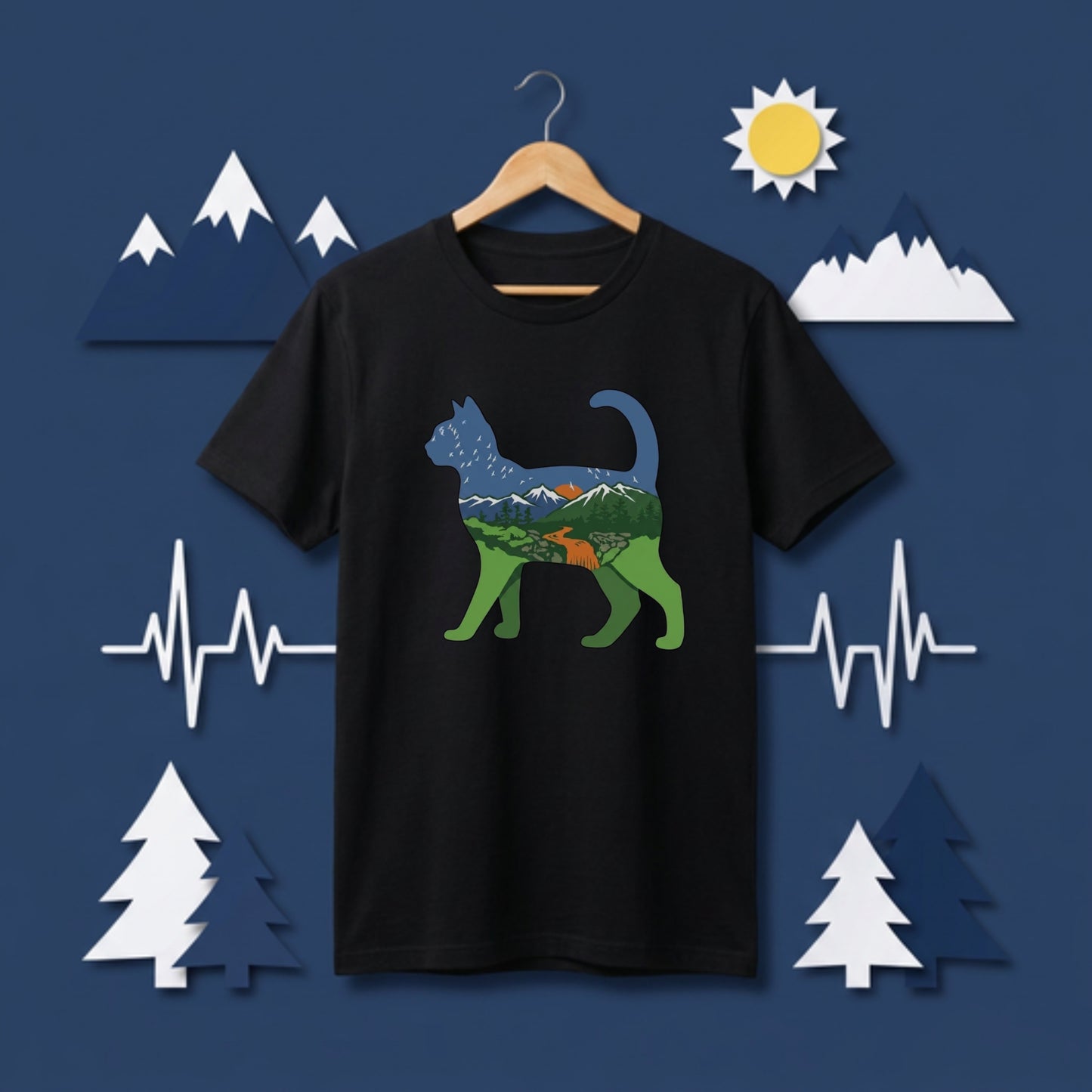 猫と自然風景ダブルエスポージャーTシャツ | CAMPMODE