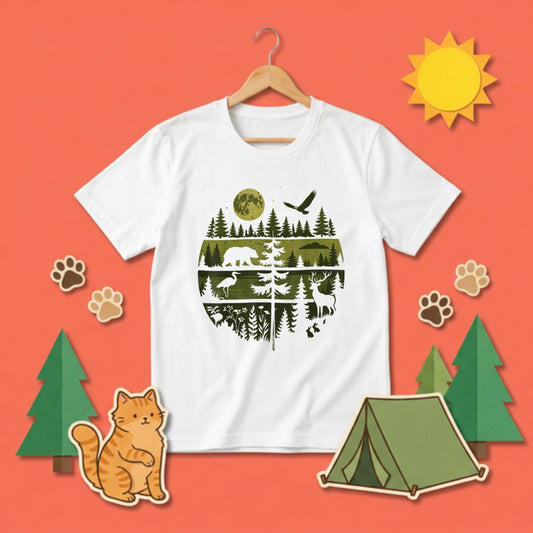 【Wildlife Forest Animals】月夜の森と野生動物 アート層グラフィック 白Tシャツ | CASTMODE