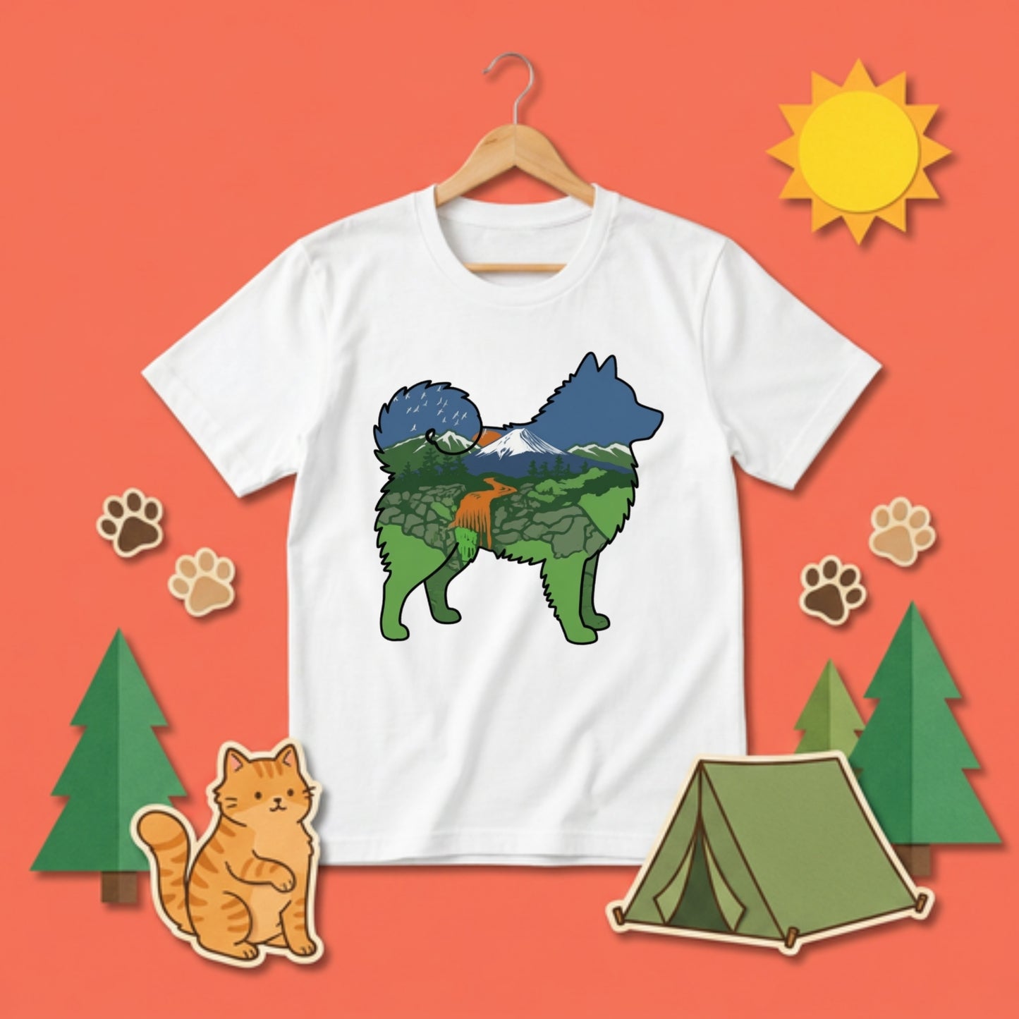 【Japanese Spitz】自然風景ダブルエスポージャー白Tシャツ | CAMPMODE