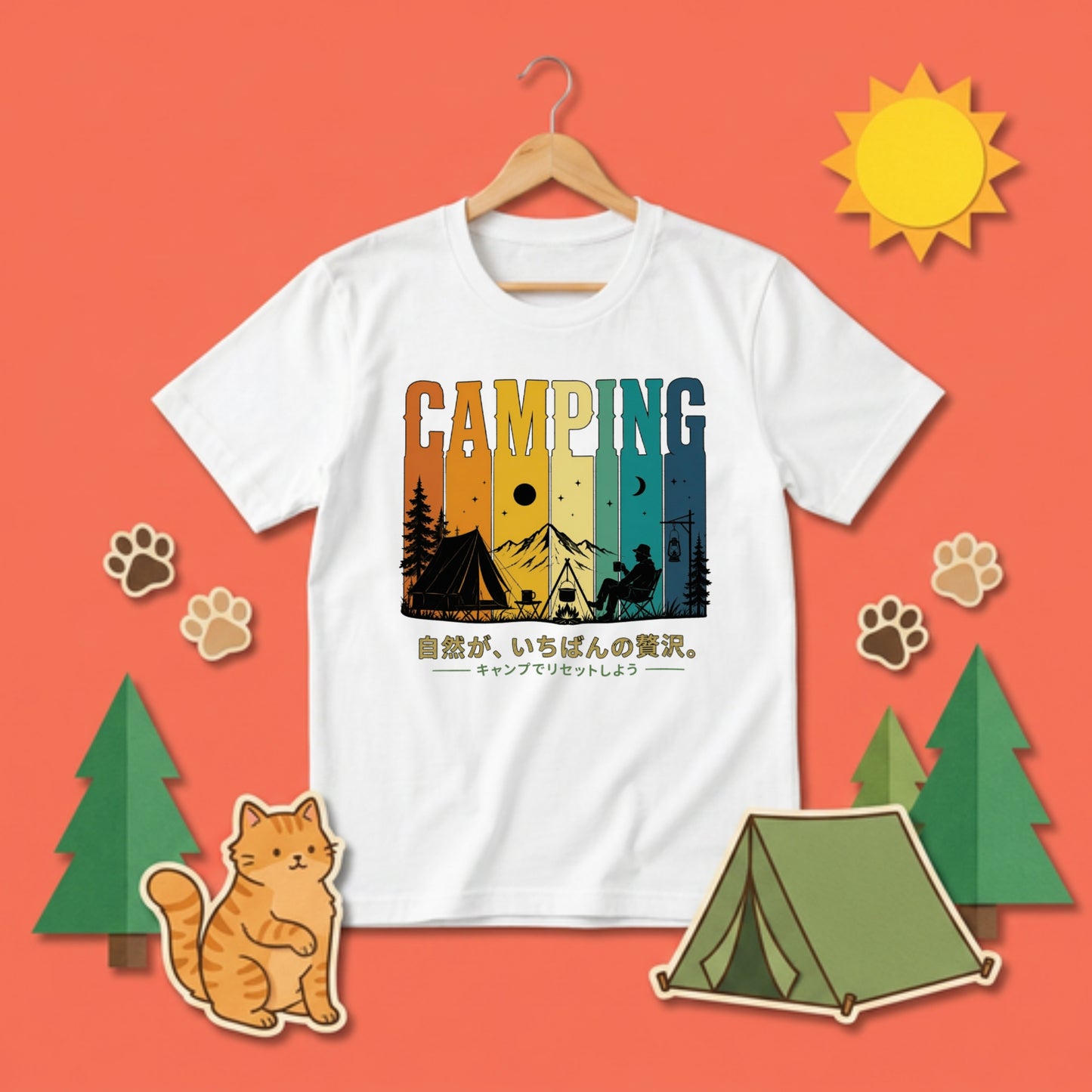 【自然は最高の贅沢です。】レトロサンセットキャンプ白黒Tシャツ｜CAMPMODE