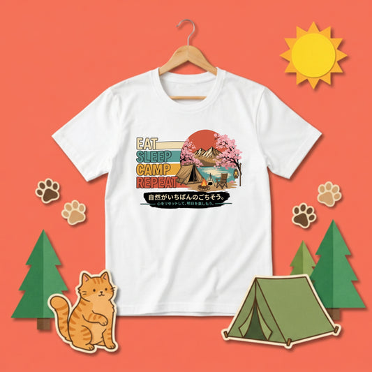 EAT SLEEP CAMP REPEAT 白Tシャツ | CAMPMODE