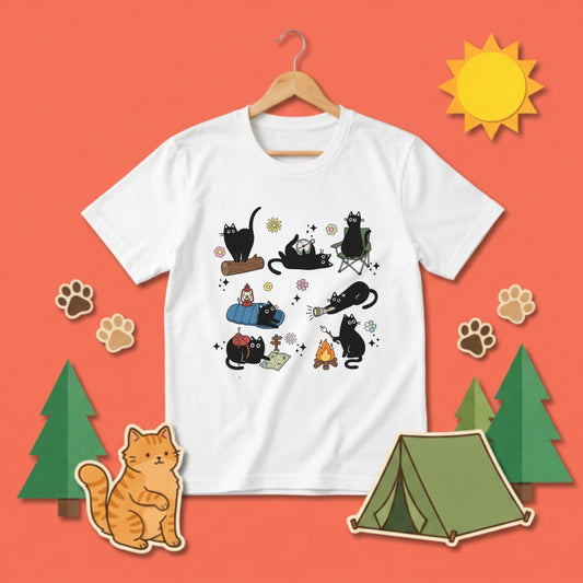 【黒猫ソロキャンプ】焚き火＆探検 猫イラスト かわいいアウトドア白Tシャツ | CAMPMODE