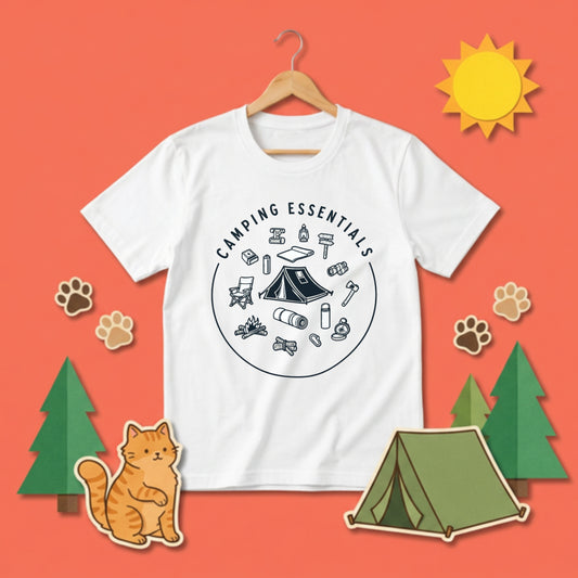 「キャンプ必需品：焚き火とテント — キャンプ愛好家のTシャツ」