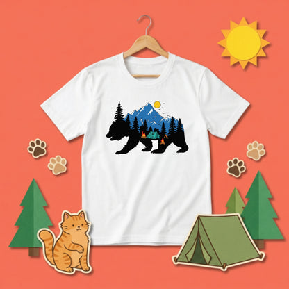【熊のシルエット・山とキャンプ】おしゃれアウトドア白Tシャツ | CAMPMODE