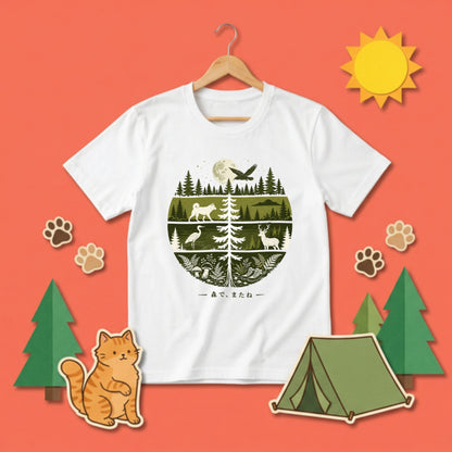 【森で、またね】自然・動物の生態系デザイン白Tシャツ | CAMPMODE