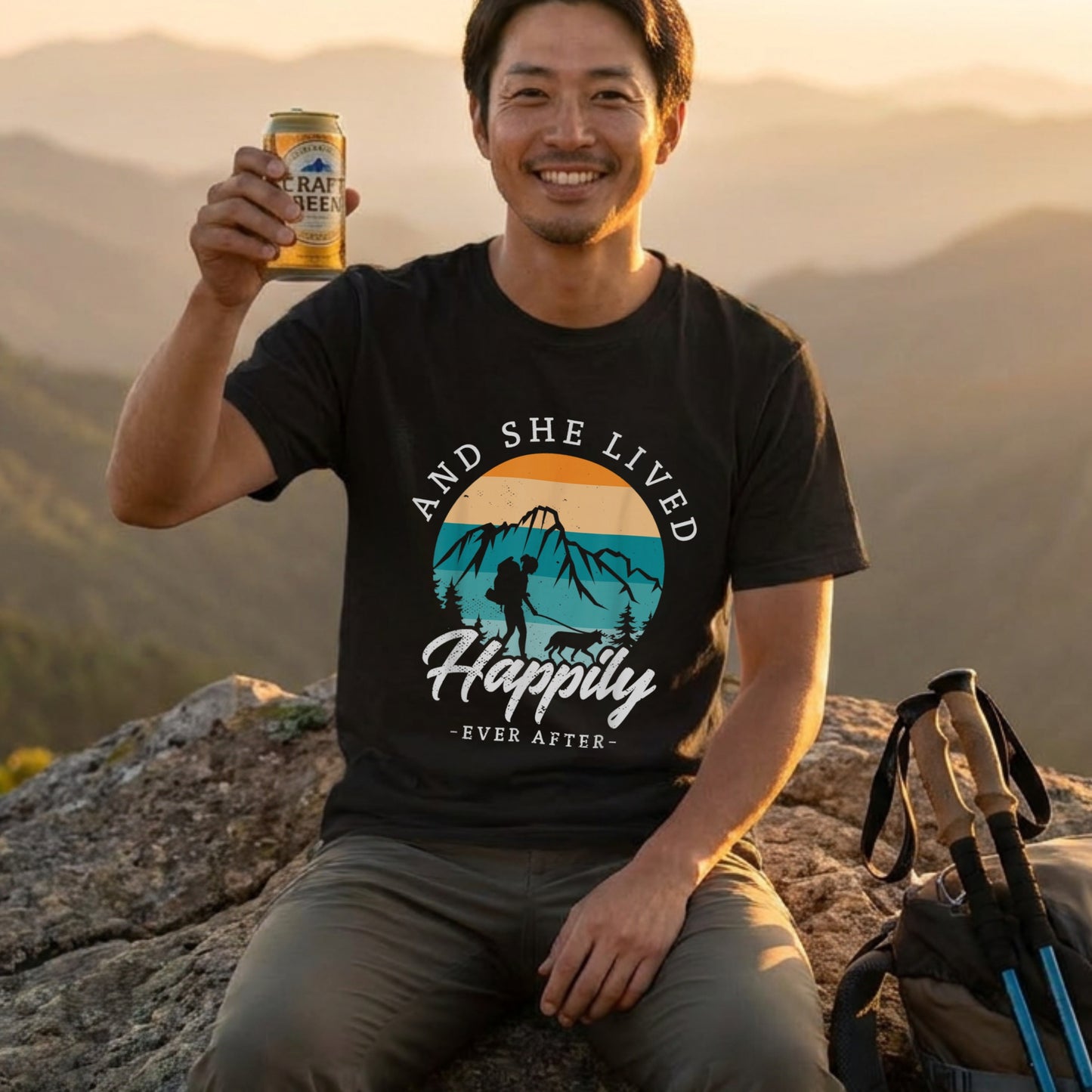 【And She Lived Happily】女性ハイカー＆愛犬 レトロサンセット 黒Tシャツ | CAMPMODE