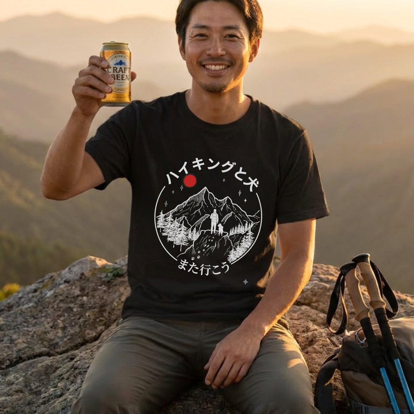 【ハイキングと犬】富士山デザイン「また行こう」黒Tシャツ | CAMPMODE